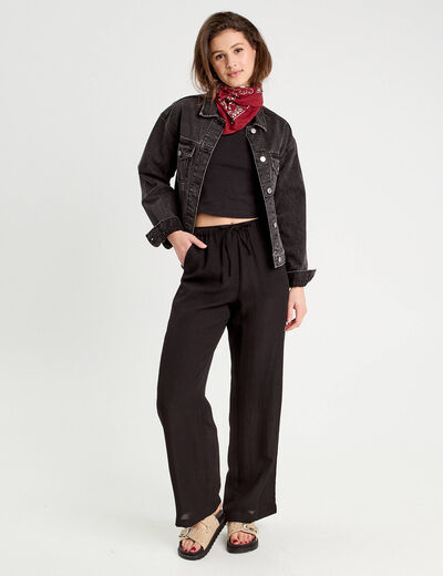 Pantalon large taille haute en cr&ecirc;pe noir femme