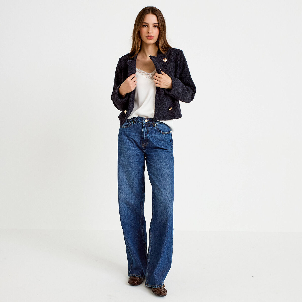 Veste droite cropped effet polaire bleu marine femme