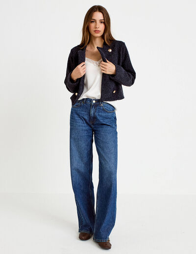 Veste droite cropped effet polaire bleu marine femme