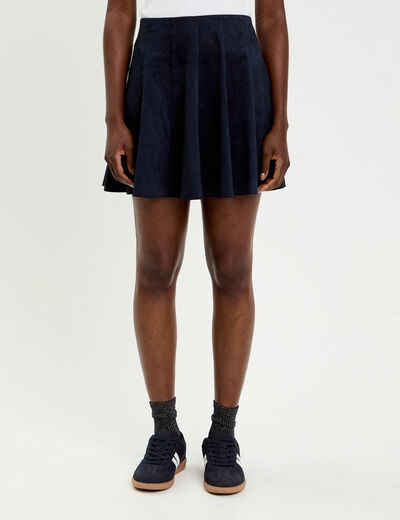 Jupe courte &eacute;vas&eacute;e aspect daim bleu marine femme