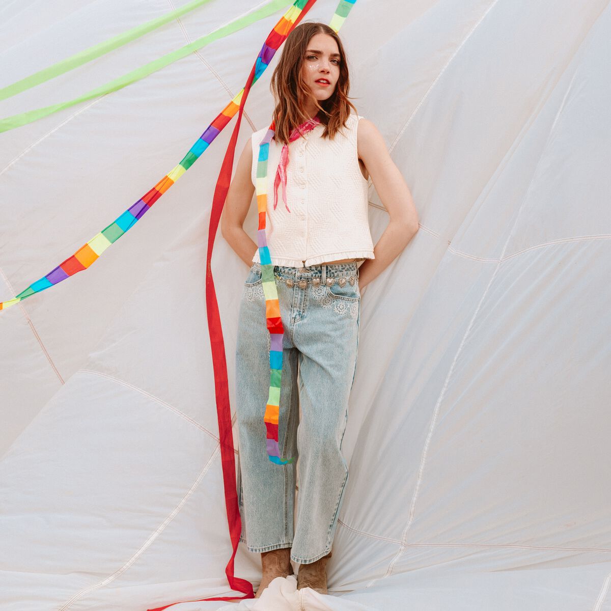 Jean wide leg cropped taille standard denim bleach femme