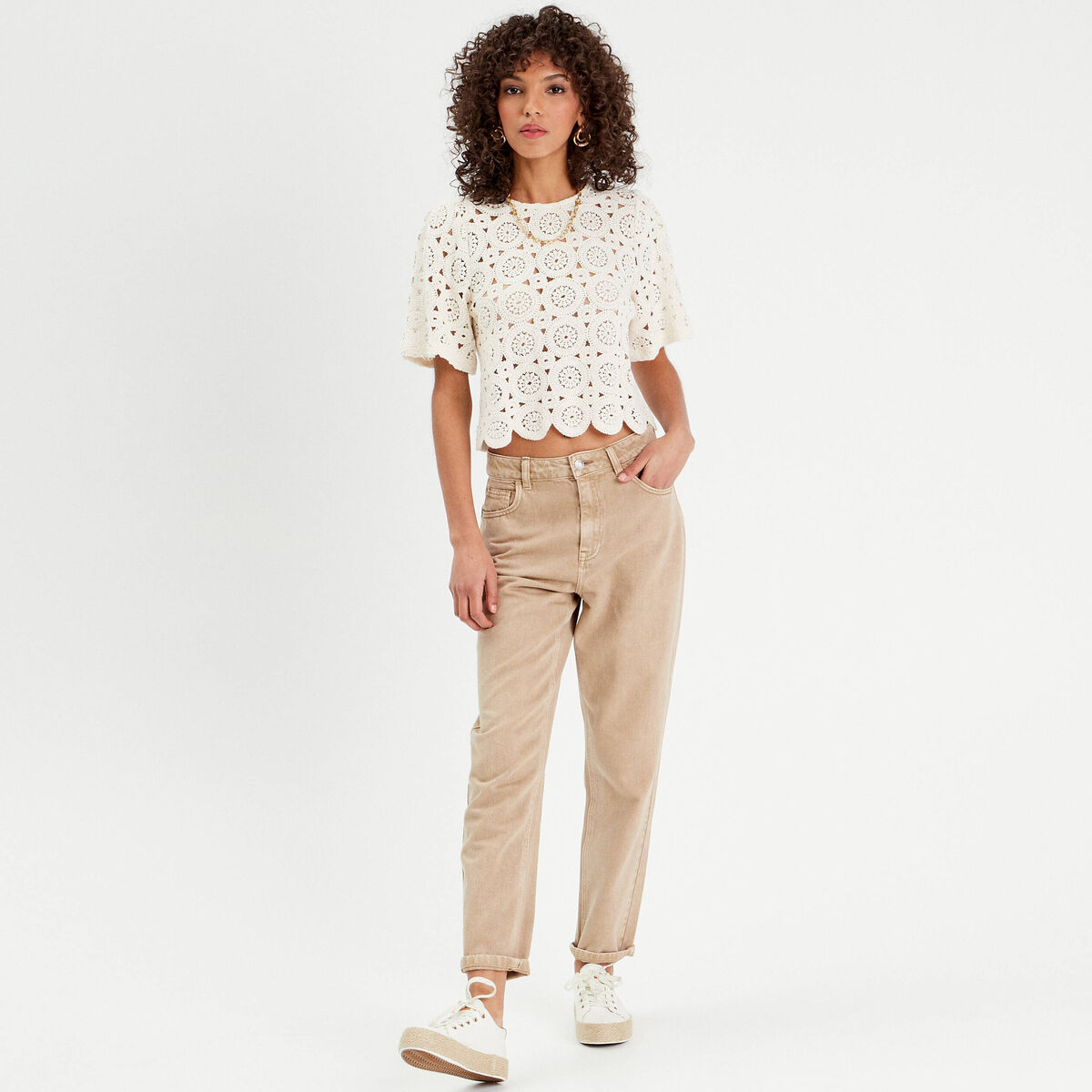T-shirt macram&eacute; col rond ecru femme