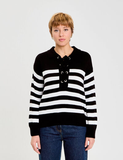 Pull col chemise manches longues noir femme