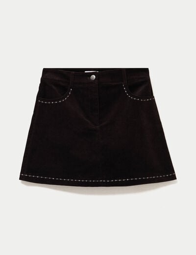 Jupe-short trap&egrave;ze en velours marron fonc&eacute; femme