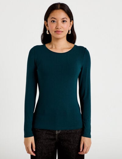 T-shirt uni &agrave; manches longues vert fonc&eacute; femme
