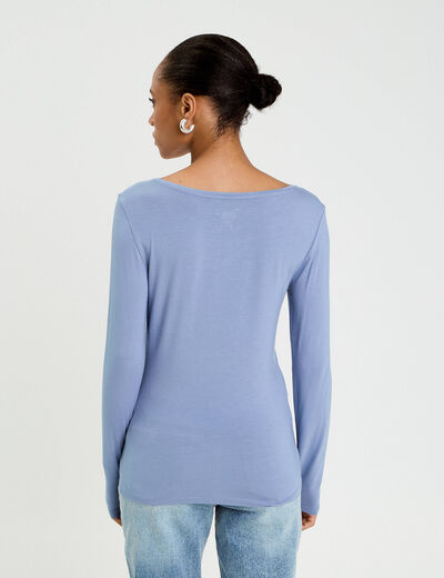 T-shirt uni &agrave; manches longues bleu gris femme