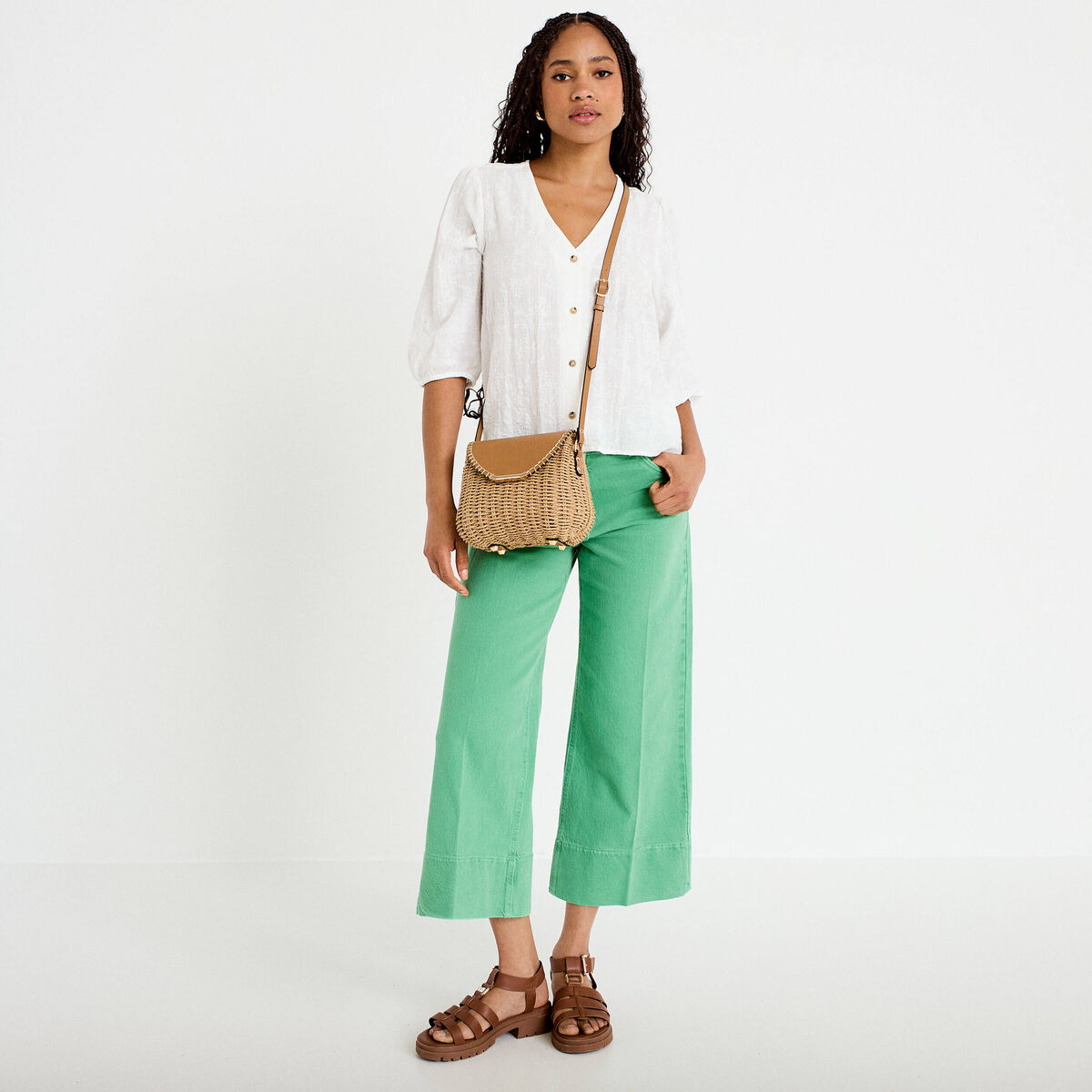 Blouse droite pliss&eacute;e manches 3/4 blanc femme