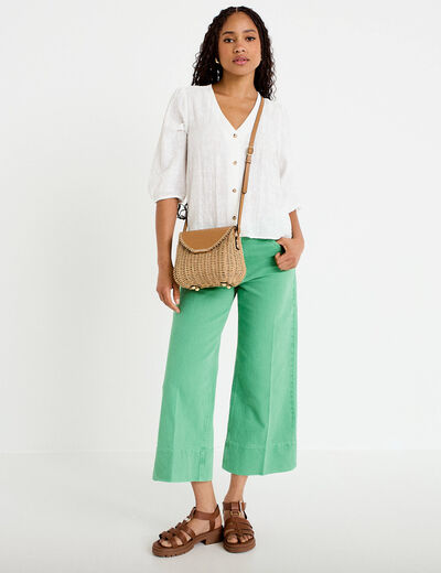 Blouse droite pliss&eacute;e manches 3/4 blanc femme