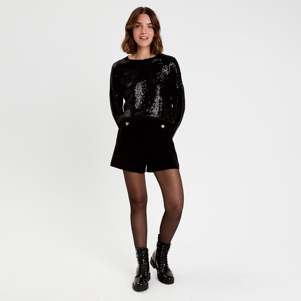 Pull manches longues avec sequins noir femme