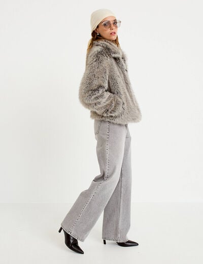 Veste courte en fausse fourrure gris clair femme