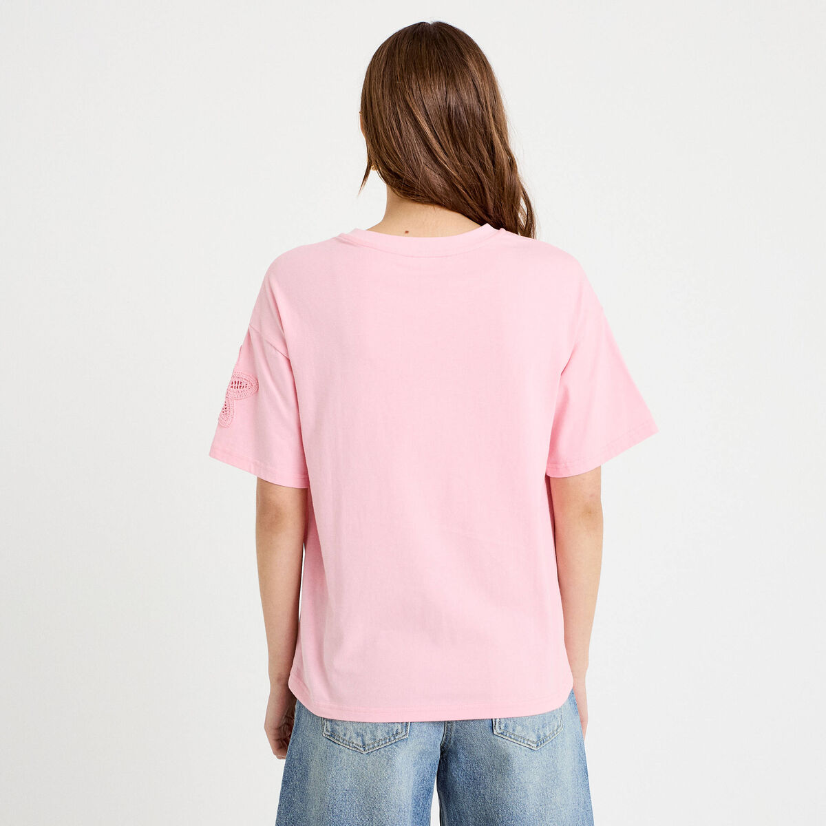 T-shirt col rond manches courtes rose corail femme