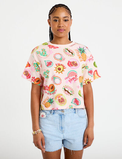 T-shirt droit cropped manches courtes beige femme