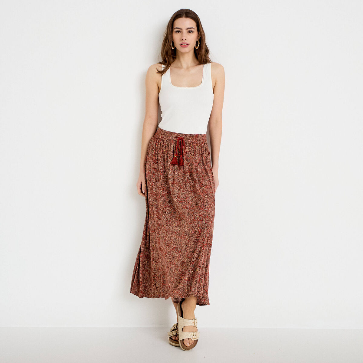 Jupe longue fluide rouge fonc&eacute; femme