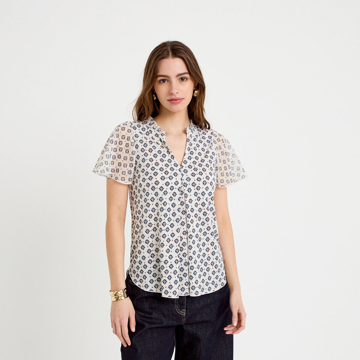 Blouse droite longue manches courtes bleu femme
