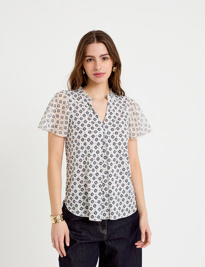 Blouse droite longue manches courtes bleu femme