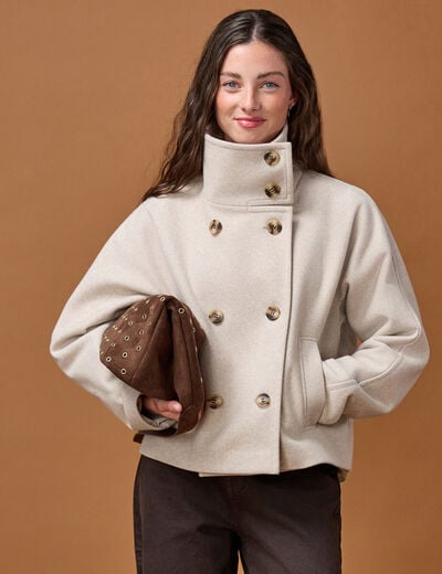 Veste chin&eacute;e col montant manches longues beige femme