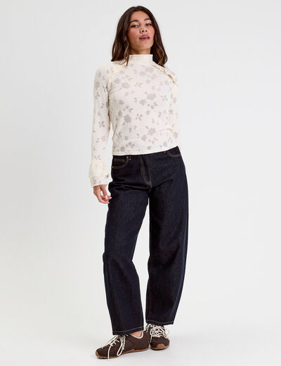 Blouse ajour&eacute;e col montant dentelle ivoire femme
