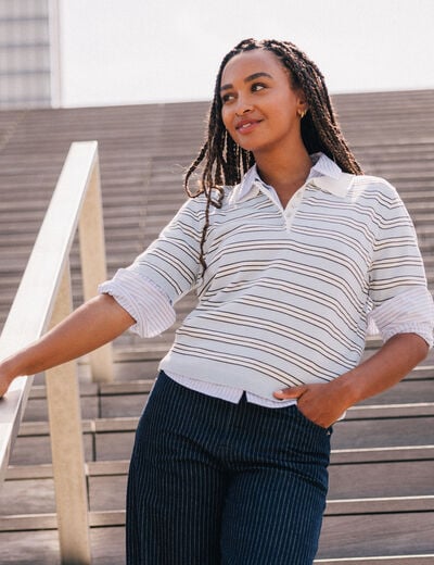 Polo manches courtes col chemise bleu femme