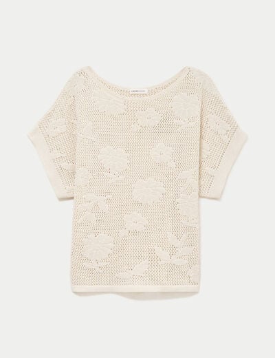 Pull ajour&eacute; col bateau manches courtes ecru femme