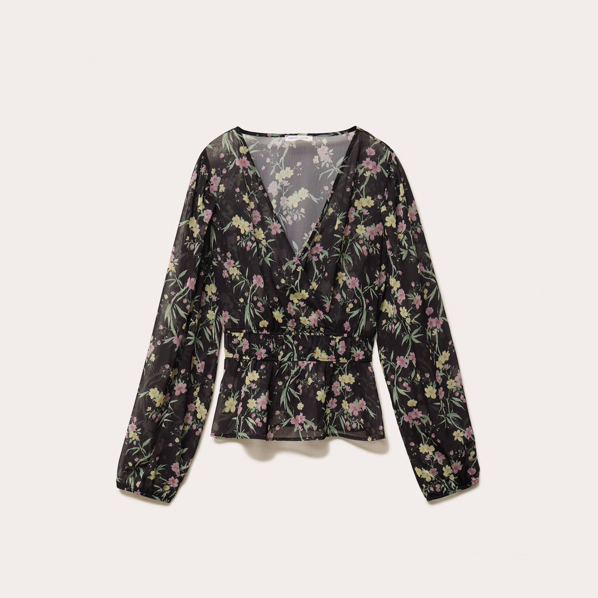 Blouse cintr&eacute;e col v manches longues noir femme