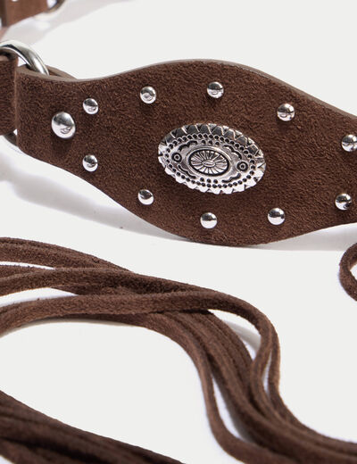 Ceinture large aspect daim avec lien marron femme