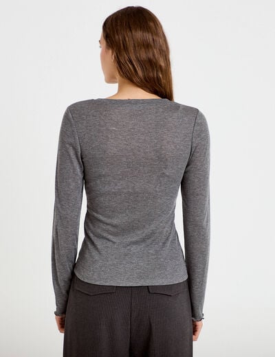 T-shirt ajust&eacute; col rond manches longues gris fonc&eacute; femme