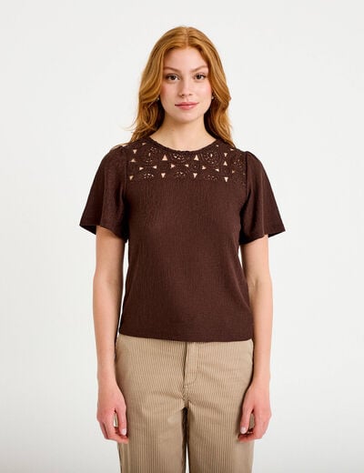 T-shirt manches courtes aspect dentelle marron fonc&eacute; femme
