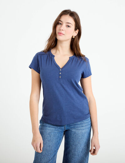 T-shirt boutonn&eacute; sur le devant bleu fonc&eacute; femme