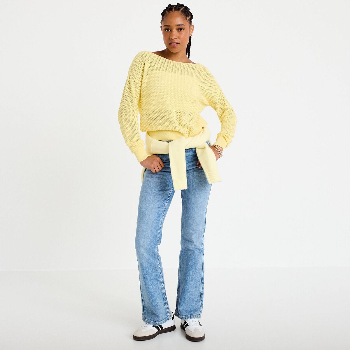 Pull ample ajour&eacute; manches longues jaune pastel femme