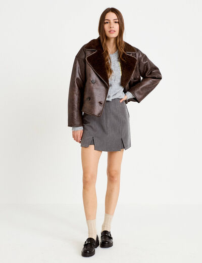 Caban cropped droit col tailleur marron fonc&eacute; femme
