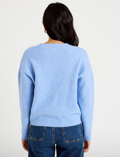 Gilet manches longues fleurs brod&eacute;es bleu ciel femme
