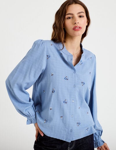 Blouse droite courte col v broderie bleu femme