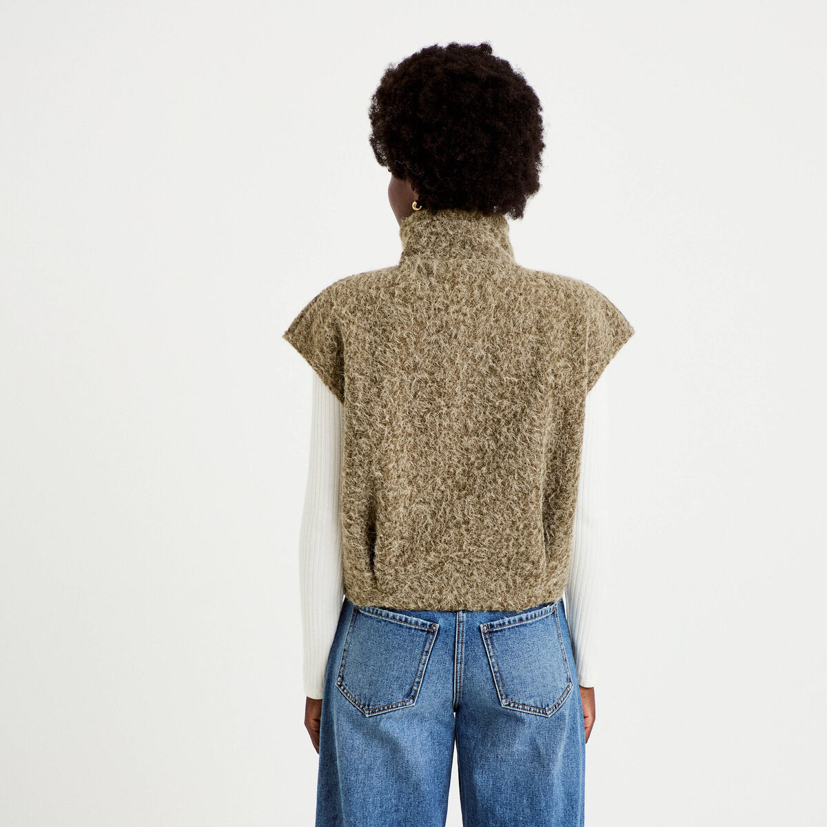 Veste sans manches col montant vert kaki femme