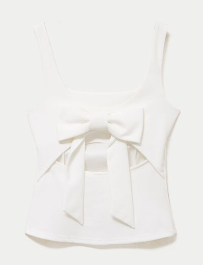 Top cintr&eacute; sans manches col carr&eacute; ecru femme