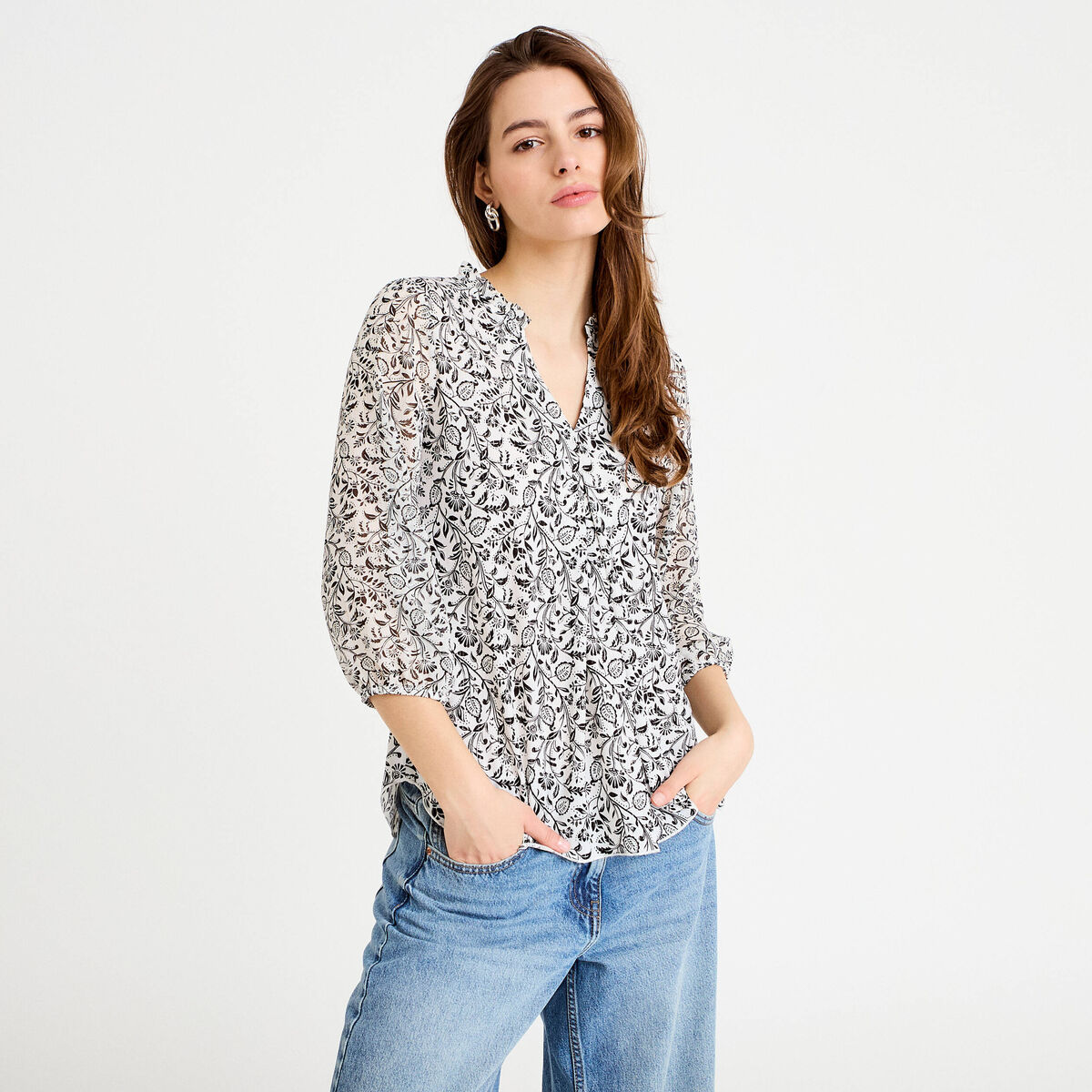 Blouse col v manches 3/4 blanc femme