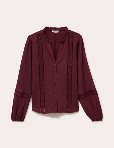 Blouse broderie col V manches longues bordeaux femme
