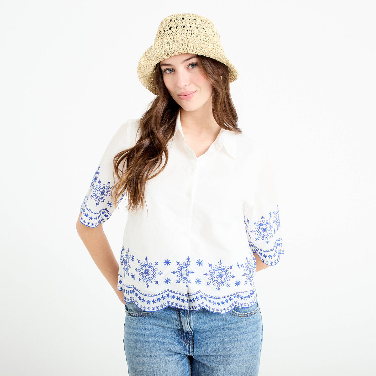 Chemise brod&eacute;e manches courtes ecru femme
