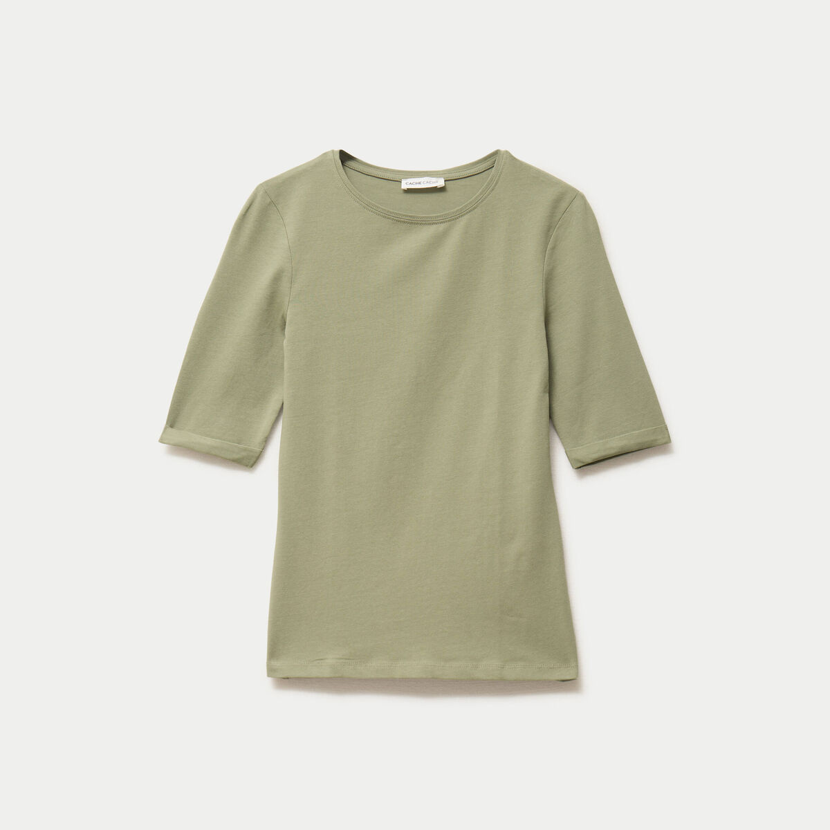 T-shirt ajust&eacute; col rond manches courtes vert kaki femme