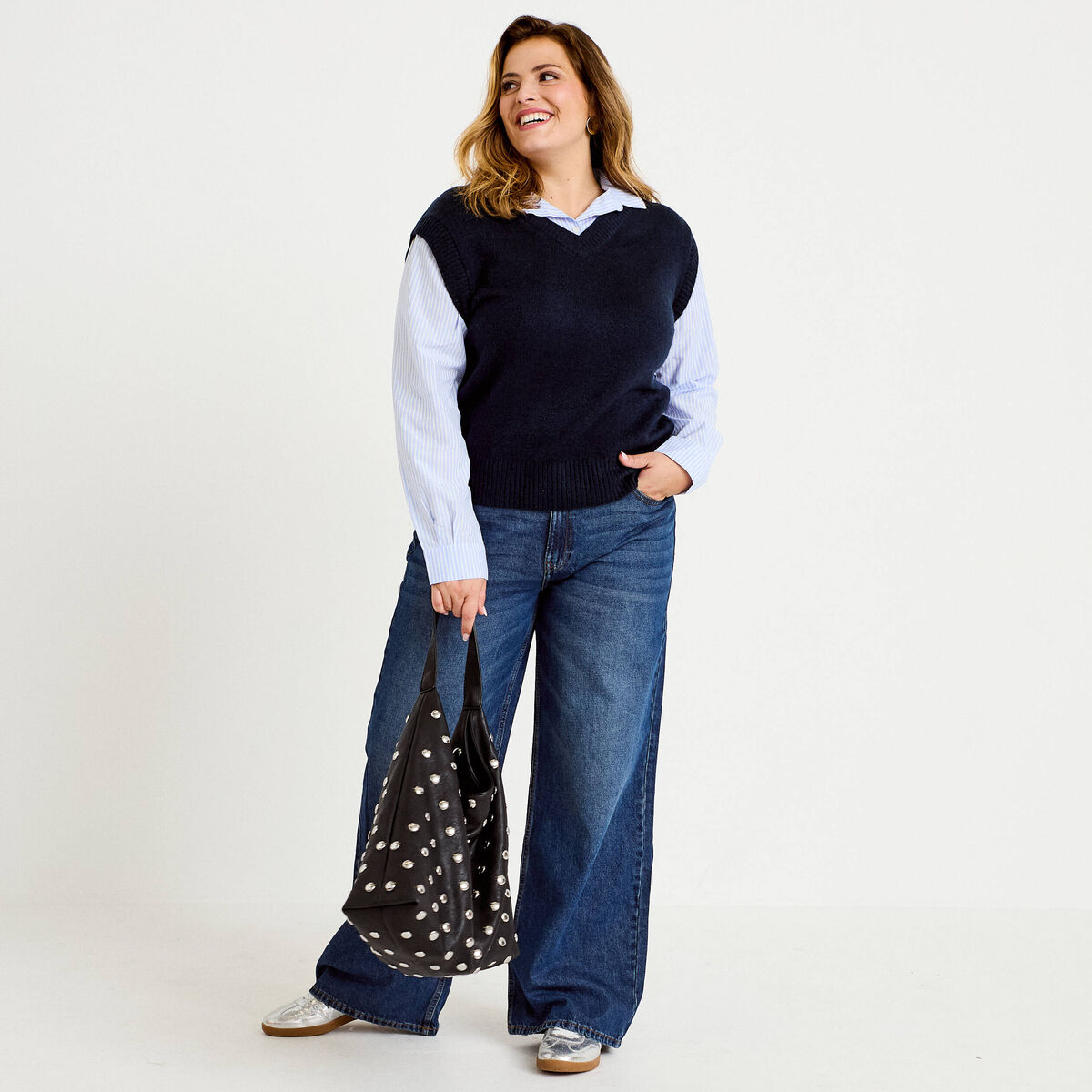 Pull chemise 2-en-1 bleu marine femme
