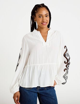 Blouse col v manches longues ecru femme