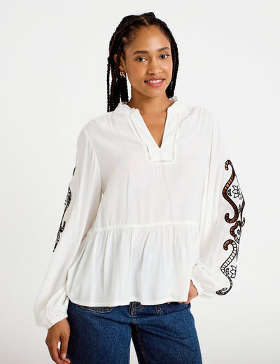 Blouse col v manches longues ecru femme