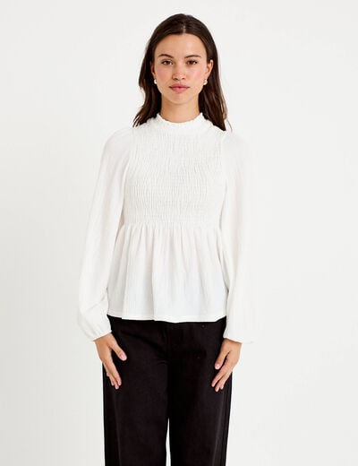 Blouse droite manches longues pliss&eacute;e ecru femme