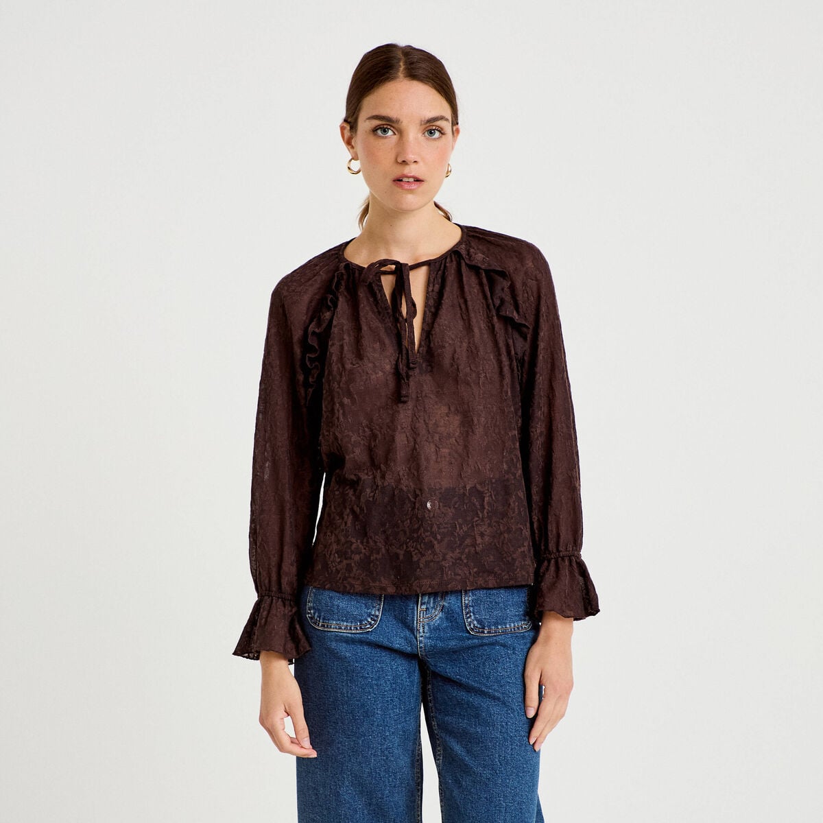 Blouse droite manches longues col rond marron fonc&eacute; femme