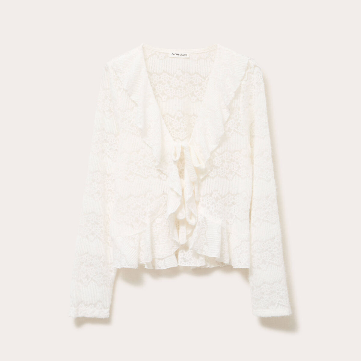 Gilet cintr&eacute; ajour&eacute; manches longues ecru femme