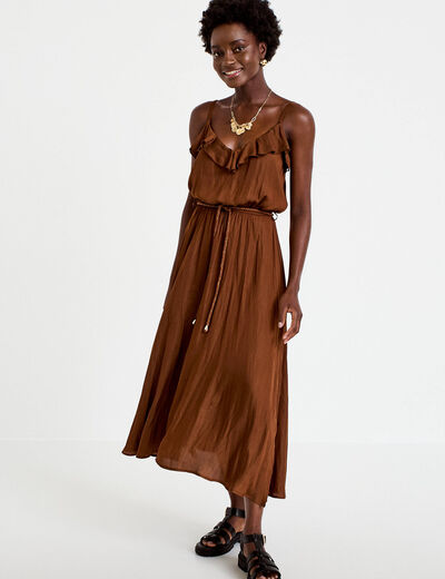 Robe longue &eacute;vas&eacute;e col v bretelles marron femme