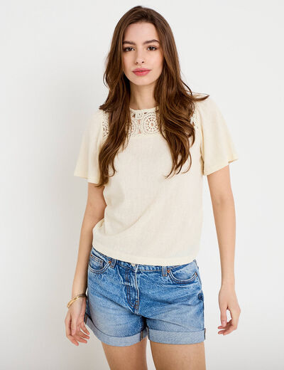 T-shirt manches courtes aspect dentelle ecru femme