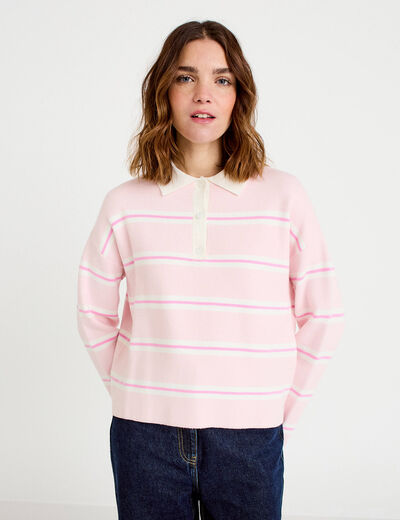 Polo manches longues col chemise rose poudr&eacute;e femme