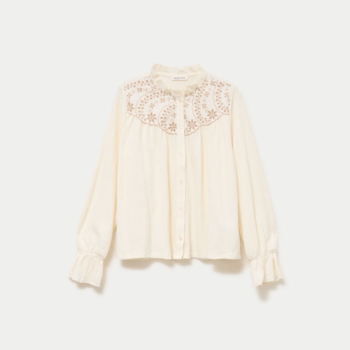 Blouse droite manches longues pliss&eacute;e ivoire femme