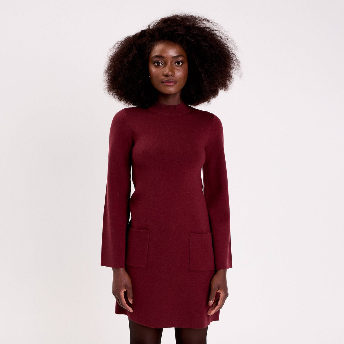 Robe manches longues col montant bordeaux femme