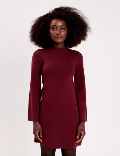 Robe manches longues col montant bordeaux femme